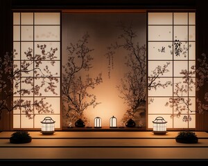 Serene Japanese Room Interior at Night with Warm Lighting and Cherry Blossom Decor