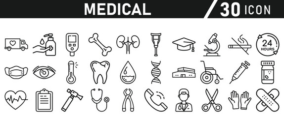 Healthcare vector icon set. Contains Healthcare And Medicine, Doctor, Telemedicine, Medical Exam, Electrocardiography, First Aid, Ambulance. Vector illustration