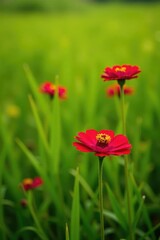 Fototapeta premium Red zinnia flowers in a green meadow with tall grasses, tall grass, field