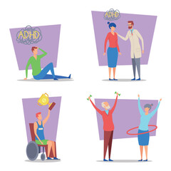 Four scenarios representing ADHD. Individuals engaged in different activities, emphasizing support, achievement, and empowerment while managing ADHD