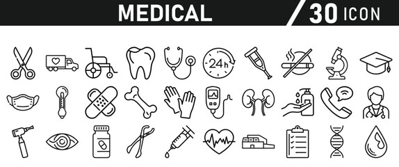 Healthcare vector icon set. Contains Healthcare And Medicine, Doctor, Telemedicine, Medical Exam, Electrocardiography, First Aid, Ambulance. Vector illustration