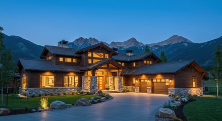 Fototapeta premium A luxurious modern mountain mansion with a striking dark wood and stone exterior large glass windows and a landscaped front yard