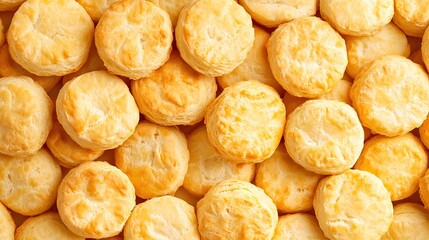 Freshly baked buttermilk biscuits arranged on a white background, showcasing their golden, flaky texture and soft interior. A delicious, comforting treat perfect for any meal or snack.