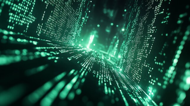 A cyber-themed backdrop featuring glowing green binary code streaming against a black screen, evoking a high-tech and sci-fi feel.