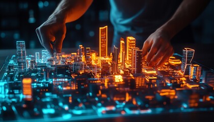 Obraz premium Intense focus on a man designing a futuristic city model