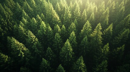 dense pine forest with sunlight and soft-focus effect, seen from above