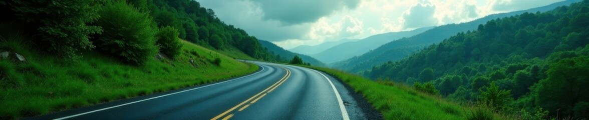Fototapeta premium Dark asphalt ribbon winds through vibrant emerald forest, dramatic cloudscape , highway, forest, dramatic sky