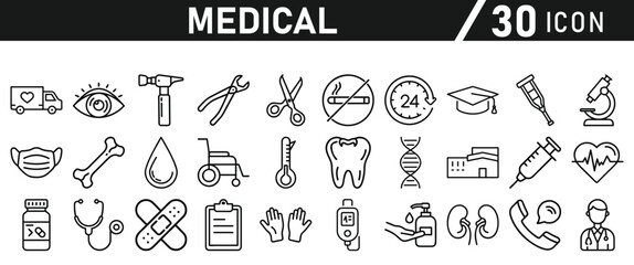 Healthcare vector icon set. Contains Healthcare And Medicine, Doctor, Telemedicine, Medical Exam, Electrocardiography, First Aid, Ambulance. Vector illustration