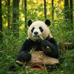 Obraz premium Giant Panda Eating Bamboo in a Lush Bamboo Forest, Natural Light Wildlife Photography
