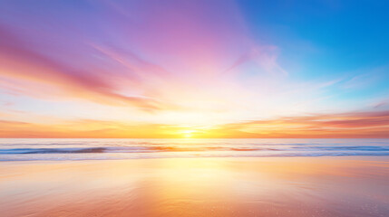 Obraz premium stunning sunset over tranquil beach, showcasing vibrant colors in sky and reflections on water. scene evokes sense of peace and serenity