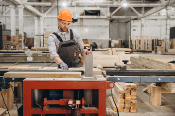 Fototapeta premium Carpenter cutting wooden plank using circular saw in workshop
