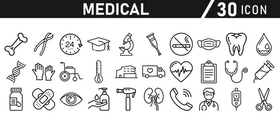 Fototapeta premium Healthcare vector icon set. Contains Healthcare And Medicine, Doctor, Telemedicine, Medical Exam, Electrocardiography, First Aid, Ambulance. Vector illustration