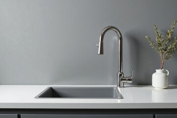 Modern kitchen sink and faucet with minimalist design and neutral color palette