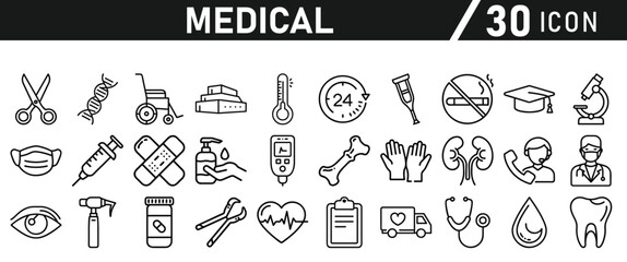 Healthcare vector icon set. Contains Healthcare And Medicine, Doctor, Telemedicine, Medical Exam, Electrocardiography, First Aid, Ambulance. Vector illustration