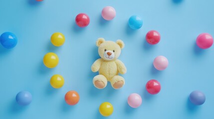 Obraz premium adorable plush bear surrounded by colorful spheres creating a joyful and playful atmosphere on light blue background for children's themes