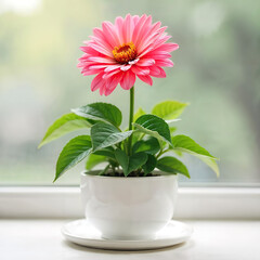 A pink Gerbera flower in a white pot with green leaves, sitting on a white surface, against a plain light gray background, soft lighting, close-up shot