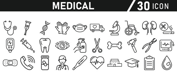 Healthcare vector icon set. Contains Healthcare And Medicine, Doctor, Telemedicine, Medical Exam, Electrocardiography, First Aid, Ambulance. Vector illustration