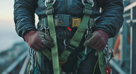 A worker is fastening their safety harness while preparing to climb at a construction site in the early morning light