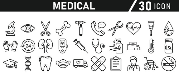 Healthcare vector icon set. Contains Healthcare And Medicine, Doctor, Telemedicine, Medical Exam, Electrocardiography, First Aid, Ambulance. Vector illustration