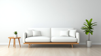 Modern living room featuring cozy white sofa, wooden table, and green plants, creating serene and inviting atmosphere