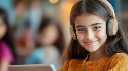 indian luxury students wearing headphones and using AI-based language learning apps on their tablets