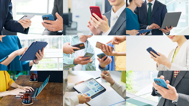様々なモバイルデバイスを使う人々のコラージュイメージ