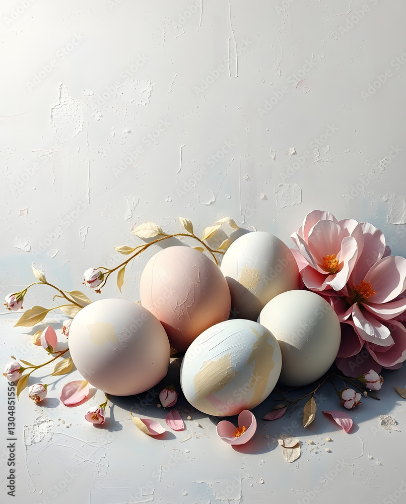 Fototapete a collection of pastel eggs are surrounded by delicate flowers. the eggs have subtle variations in c