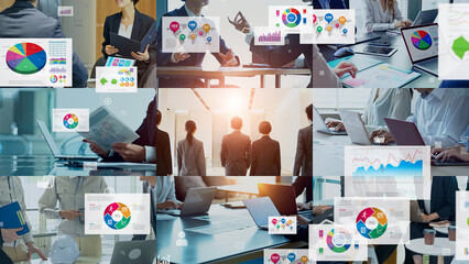 様々なビジネスシーンと書類のコラージュイメージ