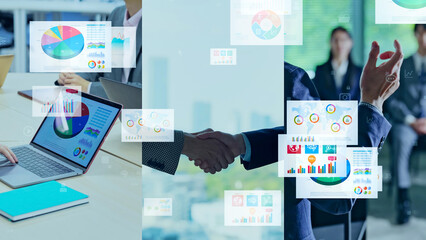 様々なビジネスシーンと書類のコラージュイメージ