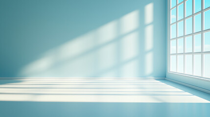 bright, minimalist room with soft shadows cast by large window, creating serene atmosphere. light blue walls enhance calmness of space