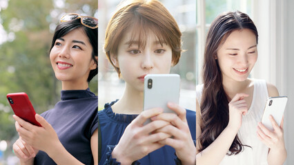 スマホを使う女性たちのコラージュイメージ