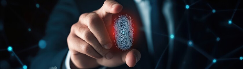 Businessman unlocking a laptop using fingerprint authentication, modern cybersecurity concept