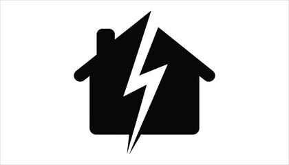 Black House with Lightning Bolt Icon. Power Outage, Electrical Hazard, Storm Damage Symbol Vector.