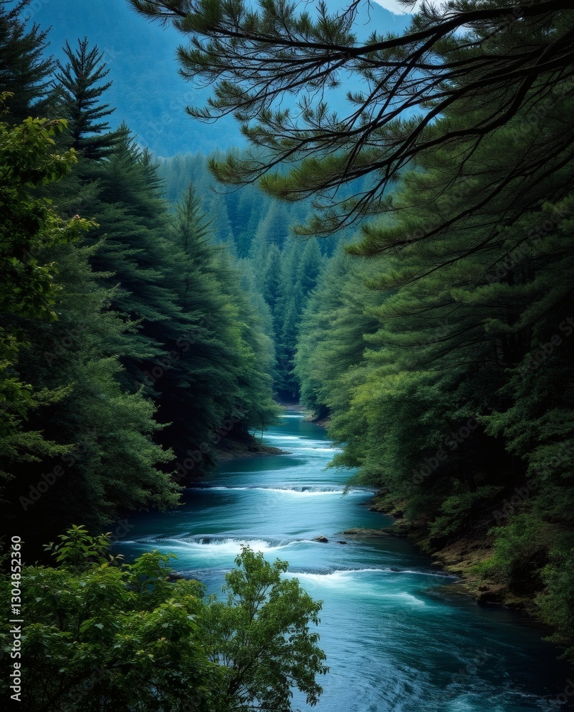 Poster a flowing river meanders through a dense forest, creating a scenic view. The image features a stream of water and the green leaves of trees