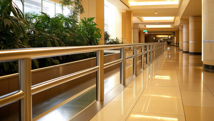 Fototapeta premium Indoor sidewalk features a stainless steel handrail, guiding visitors past vibrant plants in a contemporary setting