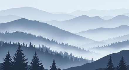 Obraz premium Watercolor foggy mountains, individual hills and trees, a wild nature scene with a forest, and a mountain range with towering peaks against the blue sky