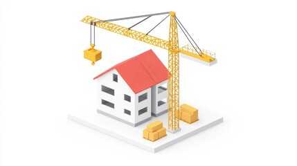 3D isometric house construction with crane
