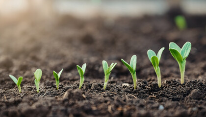 Vibrant green shoots growing in rich soil. Young plant life. Fresh growth.
