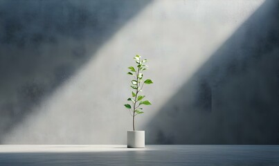Bright Green Plant in Minimalist Pot on Modern Gray Background