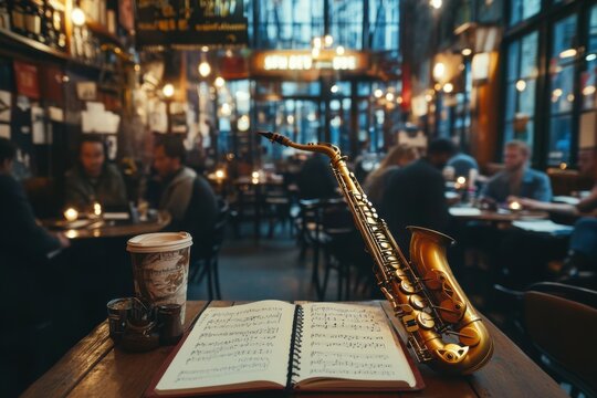 Cozy jazz cafe with saxophone, sheet music, and warm ambience