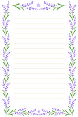 Paper Template for Letter or Notebook Page with Floral Borders of Spring Lavender Flowers