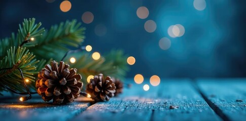 Twinkling string lights on a blue background with pinecones, holiday decor, Christmas garland bokeh, icy blue