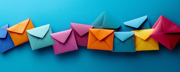 Colorful paper envelopes on a bright blue background