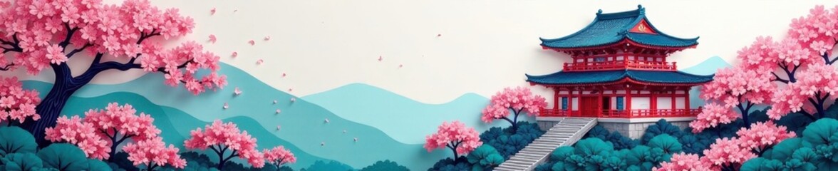 Obraz premium Intricate paper cut temple, cherry blossoms, vibrant spring, religious, flower