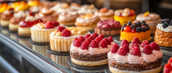 Colorful small cakes and pastries artfully arranged at a patisserie counter, variety of sweet treats on glass shelves, tempting and inviting desserts in a cozy bakery setting