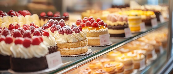 Colorful small cakes and pastries artfully arranged at a patisserie counter, variety of sweet treats on glass shelves, tempting and inviting desserts in a cozy bakery setting