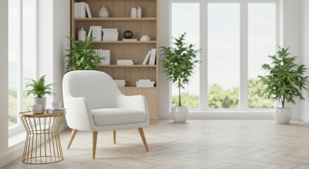 A bright and airy minimalist reading nook featuring a modern white fabric armchair with wooden legs positioned near large windows