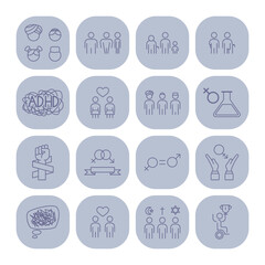 Set of line icons illustrating various social concepts, including relationships, mental health, and gender