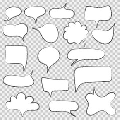 Set of comic speech bubbles on transparent background.