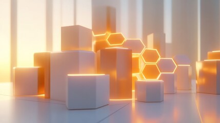 Abstract Hexagon and Cube Structure with Orange Glow